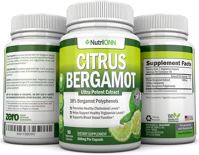 Citrus Bergamot - 500 mg - 90 Vegetarian Capsules - 38% Polyphenols - Natural Premium Quality Citrus Bergamot Extract - Promotes Healthy Triglyceride Levels