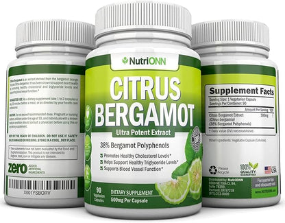 Citrus Bergamot - 500 mg - 90 Vegetarian Capsules - 38% Polyphenols - Natural Premium Quality Citrus Bergamot Extract - Promotes Healthy Triglyceride Levels