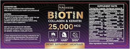 Biotin Hair Skin & Nails Vitamins – 25,000 mcg Biotin with Collagen, Keratin & Hyaluronic Acid – Supports Healthy Hair, Radiant Skin & Strong Nails – Unisex Supplement – 60 Capsules