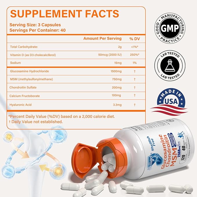 Glucosamine Chondroitin MSM+ Vitamin D3 | 2568mg | Joint Support Supplement, Shellfish Free, Helps with Inflammatory Response Care for Joints, Enhance Flexibility & Bone, Non-GMO,18