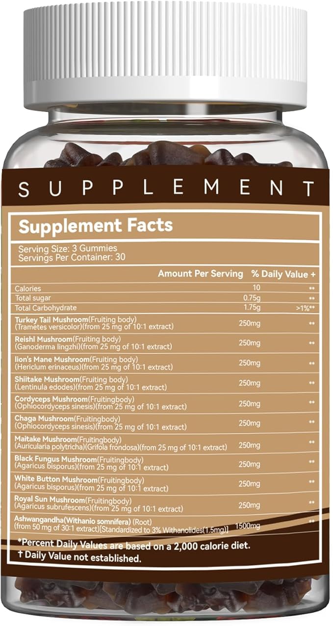 Mushroom Gummies Supplement - with Ashwagandha, Lions Mane, Shitake Mushrooms, Turkey Tail, Chaga, and Cordyceps Mushroom for Immune Health, Mood & Stress Support (180 Gummies)