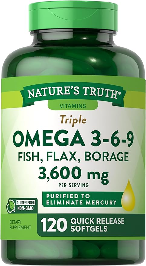 Nature's Truth Omega 3-6-9 Softgels | 3600mg | 120 Count | Fish, Flax, & Borage Oil | Triple Strength | Non-GMO & Gluten Free Supplement