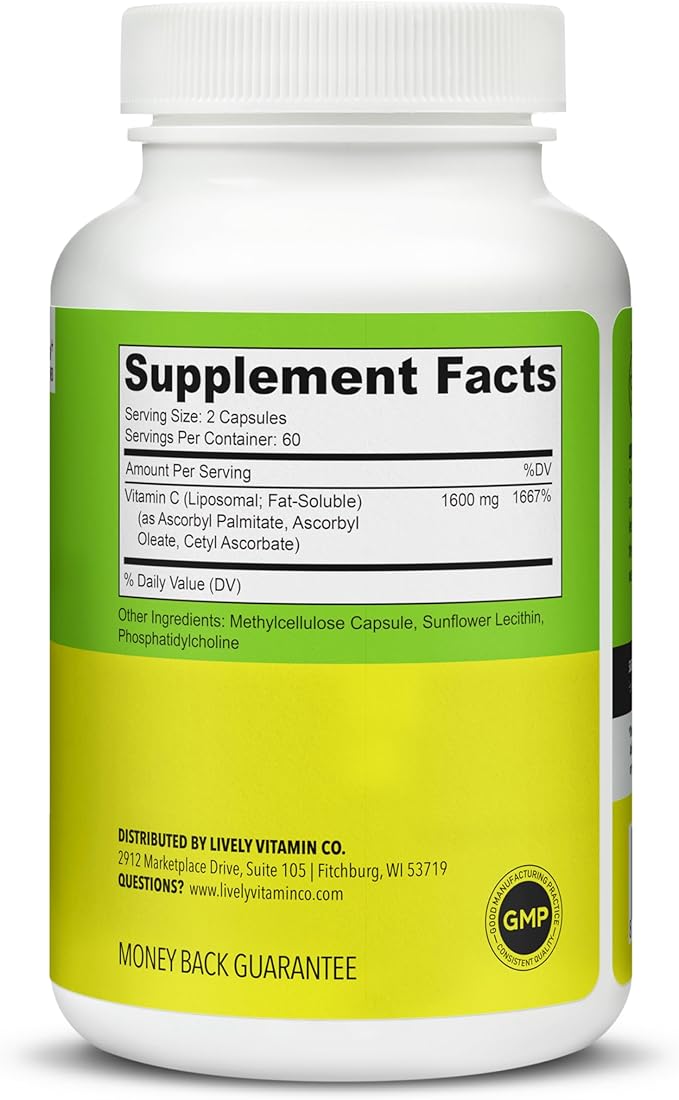 LIVELY VITAMIN CO. Citrus Kick - Liposomal Vitamin C - Sunflower Lecithin - Immune Function - Highly Absorbable - Collagen Synthesis - Eye Health Immunity - Gluten Dairy Soy Free - 120 Capsules