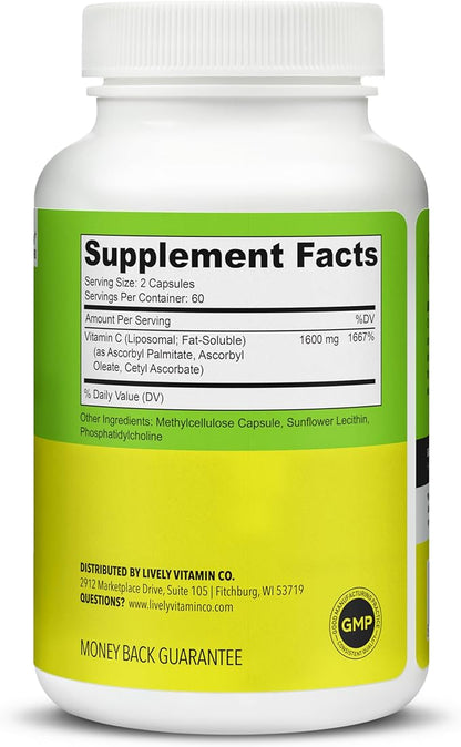 LIVELY VITAMIN CO. Citrus Kick - Liposomal Vitamin C - Sunflower Lecithin - Immune Function - Highly Absorbable - Collagen Synthesis - Eye Health Immunity - Gluten Dairy Soy Free - 120 Capsules