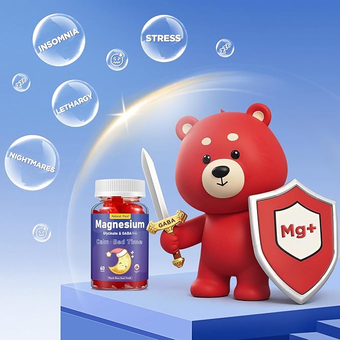 Magnesium Glycinate Gummies with GABA for Clam and Bed Time 400mg Sugar Free Magnesium Glycinate Supplement with Vitamin D, B6, and CoQ10 for Calm & Bed Time for Kids Adults