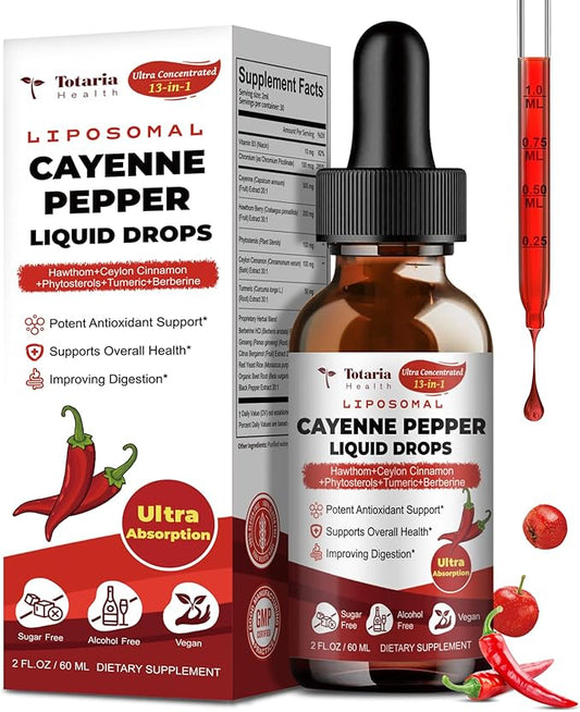 Cayenne Pepper Drops Liposomal Liquid Supplement, 13-in-1 Cayenne Pepper Drops with Vitamin B3, Hawthorn Berry, Panax Ginseng, Berberine, Beet Root, Ceylon Cinnamon, Turmeric Curcumin Extract