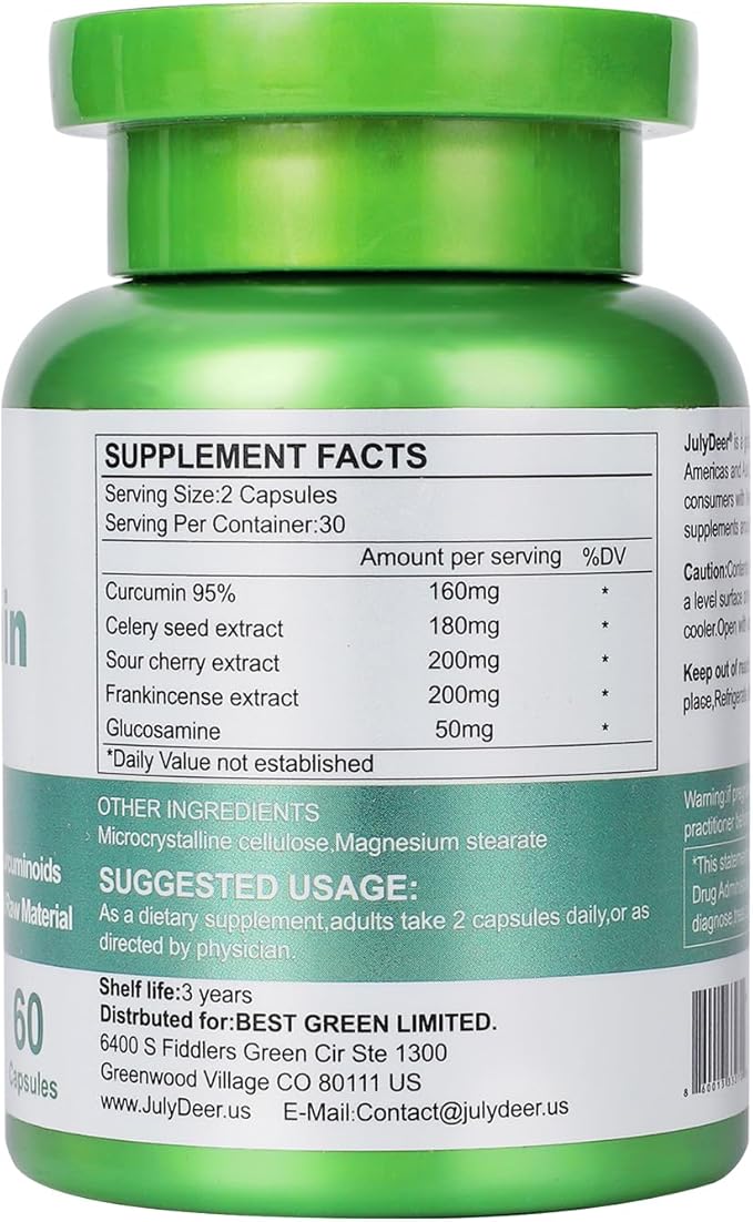 Curcumin Turmeric 95% with Celery Seed, Sour Cherry, Frankincense Extract, Glucosamine 5 in 1 Formula 95% Curcuminoid Natural Antioxidant Supplements Support to Joints and Immune Health