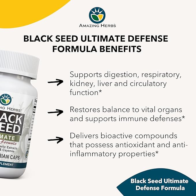 Amazing Herbs Whole Spectrum Black Seed Ultimate, Vegetarian Capsules - Olive Leaf & Garlic Extracts Plus Ginger & Cayenne, Gluten Free, Non GMO, Vegan - 100 Count