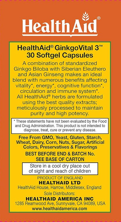 Ginkgo Vital 3 with Siberian Eleuthero and Ginseng, Once Daily, 30 Softgel Capsules, Helps Increase Blood Circulation and Promote Mental Clarity, Alertness, and Focus