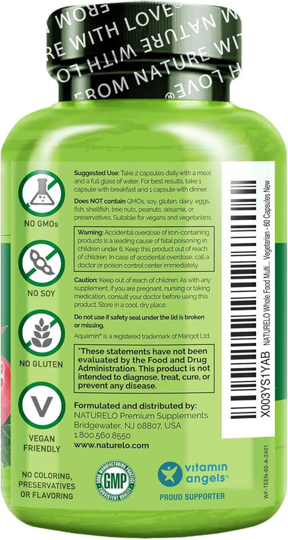 NATURELO Teen Multivitamin - Whole Food Multivitamin - with Minerals for Teenage Boys & Girls - Supplement for Active Kids - Non-GMO - Vegan & Vegetarian - 60 Capsules