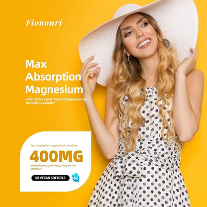 Magnesium Supplement Softgels, Easy Absorption Magnesium Glycinate 400mg with D3 & K2, High Bioavailability Magnesium for Sleep & Calm Support, Nervous, Muscle & Bone Health