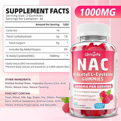 2 Pack NAC Gummies for Kids & Adults, 1000mg N Acetyl Cysteine Supplement NAC Chewable for Antioxidants & Immune Support, Liver Health, Raspberry Flavor, 120 Count