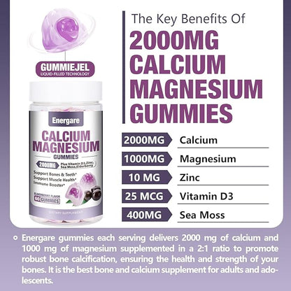 2 Packs Calcium Magnesium Zinc Gummies with Vitamin D3, Sea Moss, Calcium Gummies for Bone, Muscles, Calm Mood Support, Supplements for Kids & Adults, Sugar-Free, Vegan, Elderberry Flavor, 120ct