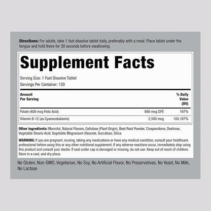 Piping Rock Vitamin B12 Sublingual | 2500 mcg | 120 Tablets | with Folic Acid | Supplement for Women and Men | Berry Flavor | Vegetarian, Non-GMO, Gluten Free