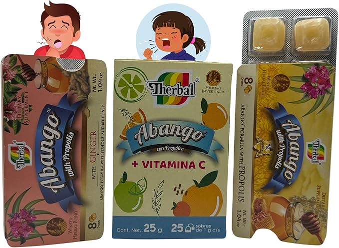 Abango Propóleo y Equinácea Té Vitamina C(Abango with Propolis Echinacea Tea w/Vitamin C) Natural 25 Tea Bags + 2 Cough Drop Trays (8 Individually Wrapped Drops Each) Herbal Dietary Supplement