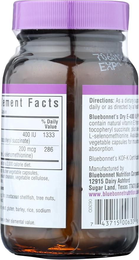 BlueBonnet Dry E-400 IU Plus Selenium Vegetarian Capsules, 60 Count
