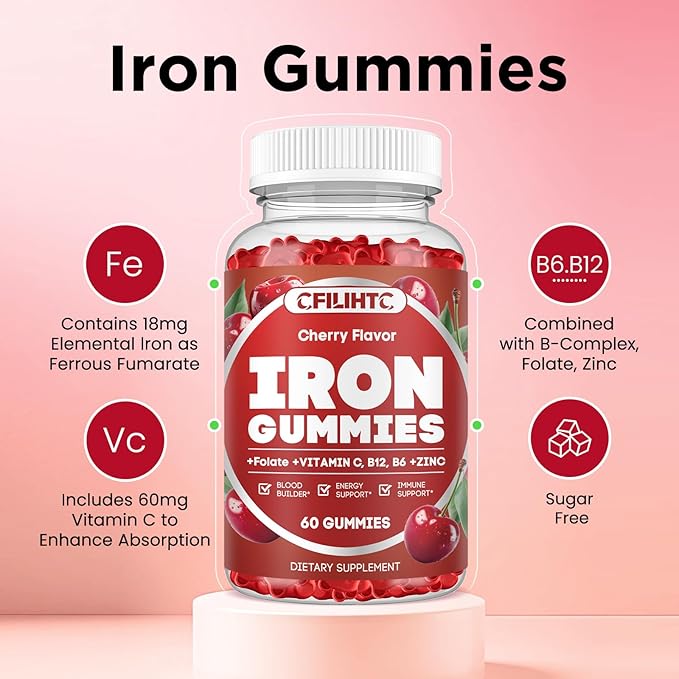 Iron Supplement for Women & Men - Iron Gummies with Vitamin B6, B12, C, Zinc, Folate for Adults & Kids - Support Iron Deficiency, Anemia, Energy Boost, Blood Builder - Sugar Free Vegan 60ct Cherry