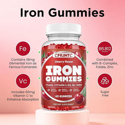 Iron Supplement for Women & Men - Iron Gummies with Vitamin B6, B12, C, Zinc, Folate for Adults & Kids - Support Iron Deficiency, Anemia, Energy Boost, Blood Builder - Sugar Free Vegan 60ct Cherry