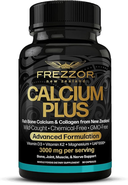 FREZZOR Calcium Plus with UAF1000+, New Zealand Natural Raw Calcium Supplement for Bones, Teeth, Gut Health, & Cardiovascular Support, Phosphorus, Magnesium, Collagen, Selenium, 90 Capsules, 1 Bottle