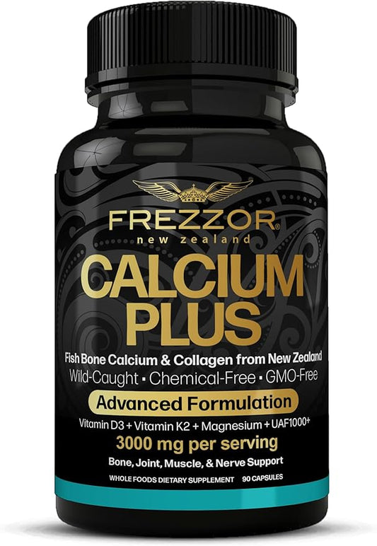 FREZZOR Calcium Plus with UAF1000+, New Zealand Natural Raw Calcium Supplement for Bones, Teeth, Gut Health, & Cardiovascular Support, Phosphorus, Magnesium, Collagen, Selenium, 90 Capsules, 1 Bottle