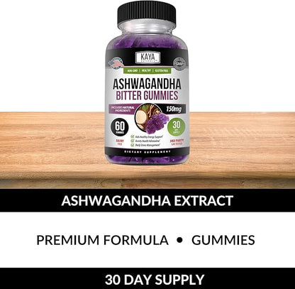 Kaya Naturals Ashwagandha Bitter Gummies - Natural Stress Relief, Boost Energy & Mental Clarity, Non-GMO, Gluten-Free, Chewable Gummies - 60 Count