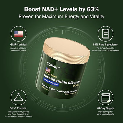 Gorani NAD+ Supplement 900MG, Nicotinamide Riboside, Liposomal Resveratrol, Quercetin - MNM Resveratrol Supplement (80 Count (Pack of 1))
