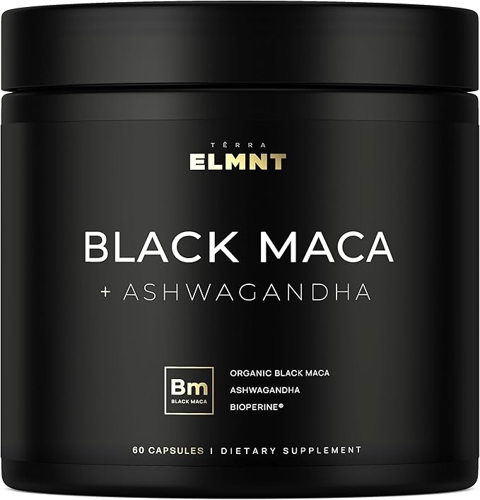 ELMNT 40,000mg 40x Strength Organic Black Maca Root + Ashwagandha - #1 Highest Potency Black Maca Root Capsules for Men Supplement 100% Pure Maca Peruana 40:1 Extract Maca Powder Pills Male Booster