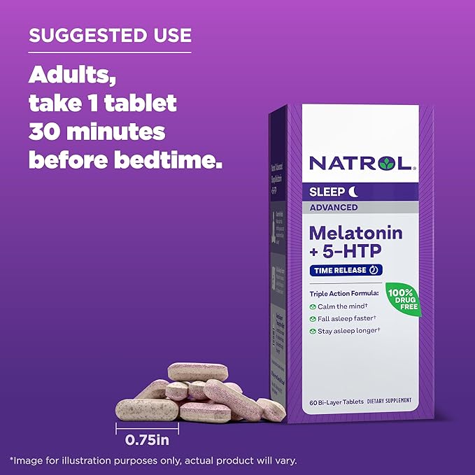 Natrol Advanced Sleep Melatonin + 5HTP, 6mg, Calming Sleep Aid for Restful Sleep, 60 Time-Release Tablets, 60-Day Supply (Pack of 12)