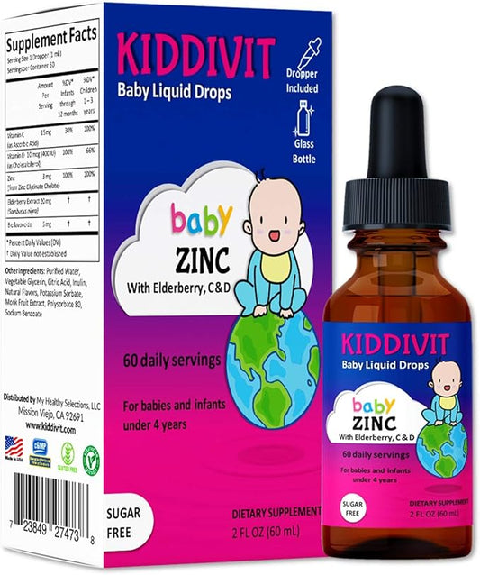 Kiddivit Baby Zinc Liquid Drops with Elderberry, Vitamin D3 & C - 60 Daily Servings, 2 Fl Oz (60 mL) - Inulin Fortified (Prebiotic, Dietary Fiber) - Sugar Free, Gluten Free, Vegetarian Friendly