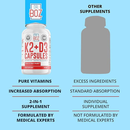 Dr. Boz - K2+D3 Capsules, 66 Servings - Vitamin D3 K2 Supplement with BioPerine - Bone & Heart Health - Enhanced Absorption - Quality Tested - Made in The USA - 5000iu (D3) - 400iu (K2) - Self Care