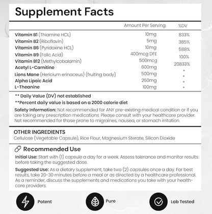 ACEWORKZ Elite Brain - Nootropic Brain Supplement for Focus, Memory, & Mental Clarity - ALCAR, Lions Mane, ALA, L-Theanine, Vitamin B Complex - Natural Energy, Caffeine-Free (60 Capsules)