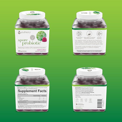 Youtheory Spore Probiotic - Vegan Gut & Digestive Support* - Contains Bacillus Coagulans - Dairy, Soy, & Gluten Free - 60 Gummies