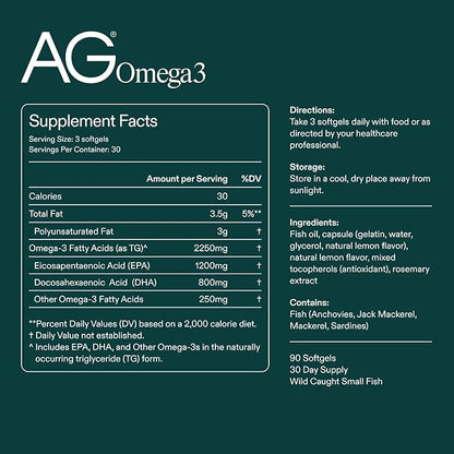 AG1 Omega 3 Fish Oil Supplement Softgel Capsules w/EPA & DHA Fatty Acids from Wild-Caught Fish | 90 ct. 2,000 mg Athletic Greens
