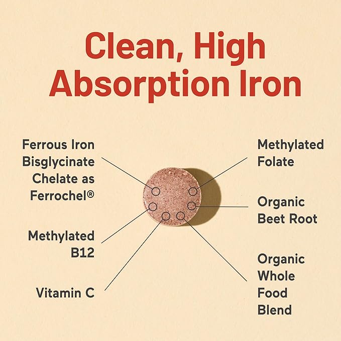 NatureWise Vegan Iron Supplement for Women & Men - Gentle on Stomach High Absorption - Coated Iron Bisglycinate Tablets + Vitamin C, Methyl B12, Folate & Organic Food Blend - 90 Tablets[90-Day Supply]