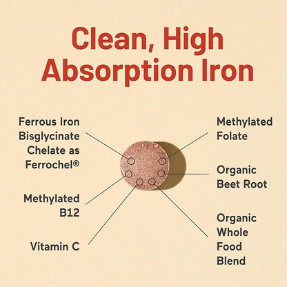 NatureWise Vegan Iron Supplement for Women & Men - Gentle on Stomach High Absorption - Coated Iron Bisglycinate Tablets + Vitamin C, Methyl B12, Folate & Organic Food Blend - 30 Tablets[30-Day Supply]