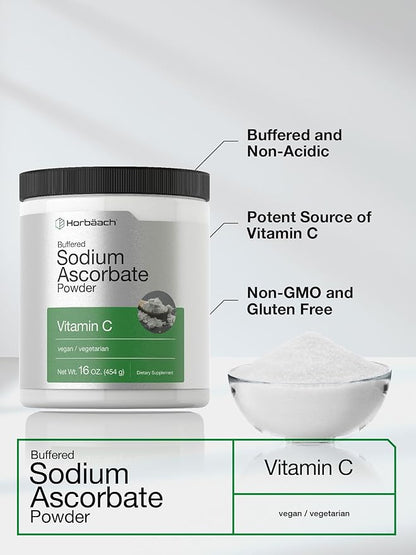 Horbäach Buffered Sodium Ascorbate Vitamin C Powder | 16 oz | Vegan, Non-GMO, and Gluten Free Supplement
