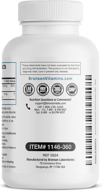 Bronson Melatonin 5mg Fast Dissolve Peppermint Tablets with Vitamin B6 - Promotes Relaxation, 360 Vegetarian Chewable Lozenges