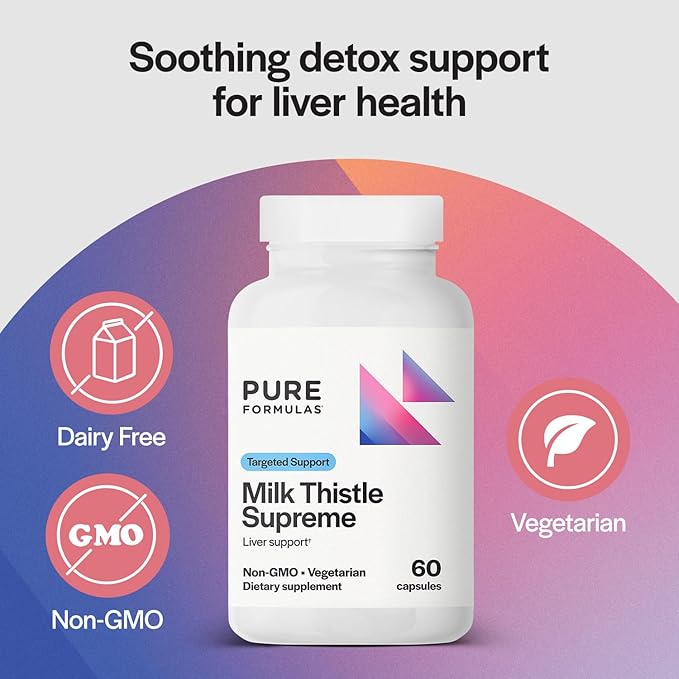 PureFormulas Milk Thistle Supreme - 250 mg Per Capsule Milk Thistle Supplement (Silybum Marianum) - Liver Health Support - Antioxidants Supplement - Non-GMO & Vegetarian - 60 Capsules