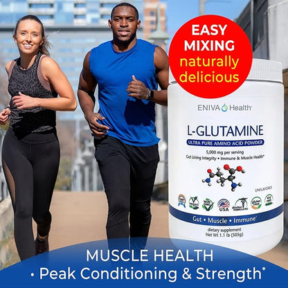 Eniva Health L-Glutamine Pure Powder, Unflavored (101 Servings) | Vegan, Gluten-Free, Sugar-Free, Non-GMO | Doctor-Formulated, USA Made | Gut Health, Leaky Gut, Bloating, Muscle Health, Immune System