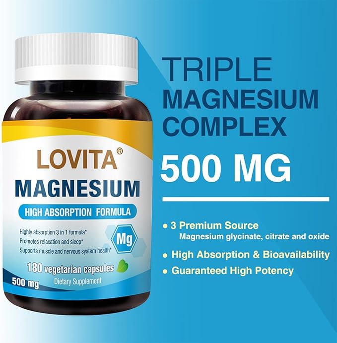 Lovita Triple Magnesium Complex 500mg, High Absorption and Potency Formula, Glycinate, Citrate & Oxide, Support Sleep, Relaxation, Heart, Nerves & Bone Health, 180 Vegan Capsules (Pack of 3)