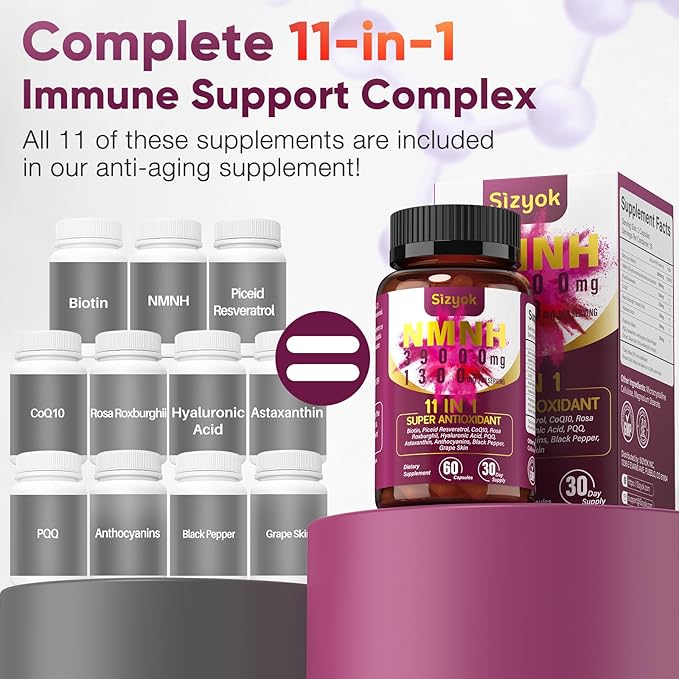 11-in-1 NMNH (Dihydronicotinamide Mononucleotide), 600mg per Serving, NAD+ Supplement with Resveratrol, CoQ10 to Support NAD+ Levels, NMNH Supplement for Anti-Aging, 60 Count, 30 Day Supply