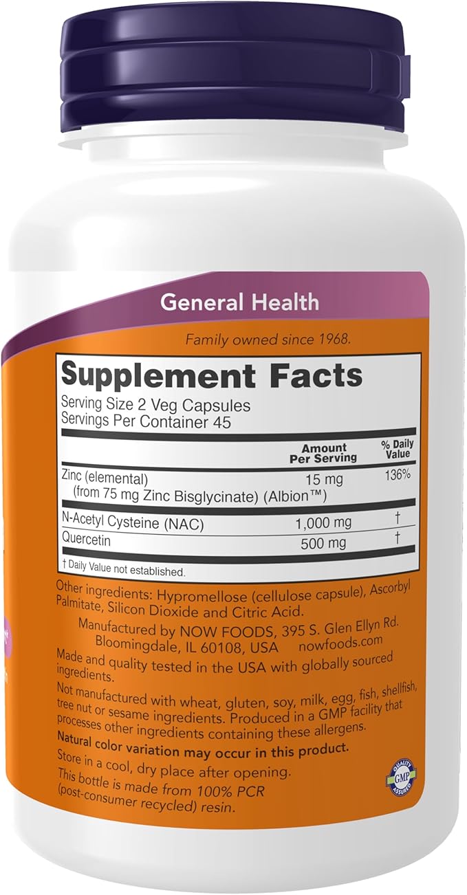 NOW Foods Supplements, NAC Quercetin and Zinc, Immune and Respiratory Support*, 1,000 mg NAC, 500 mg Quercetin, 15 mg Zinc, 90 Veg Capsules