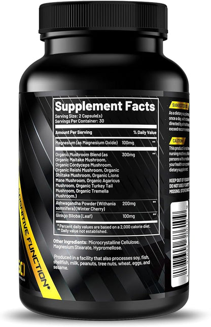 RILLA, Alpha Nootropic Brain Supplement for Focus Clarity Memory Mood, 8 Mushroom Blend, Ginkgo Biloba, Ashwagandha, Magnesium for Natural Energy, Memory, Caffeine-Free for Concentration