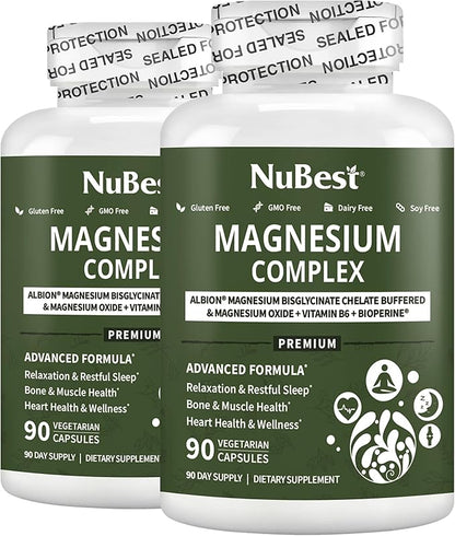 NuBest Magnesium Glycinate Chelate Complex with Albion Magnesium Bisglycinate Chelate, Magnesium Oxide, Vitamin B6 & BioPerine for Bone, Muscle, Natural Sleep, Nerve Function, Brain Booster (Pack 2)