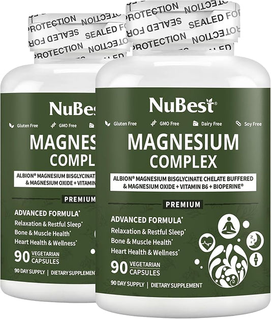 NuBest Magnesium Glycinate Chelate Complex with Albion Magnesium Bisglycinate Chelate, Magnesium Oxide, Vitamin B6 & BioPerine for Bone, Muscle, Natural Sleep, Nerve Function, Brain Booster (Pack 2)