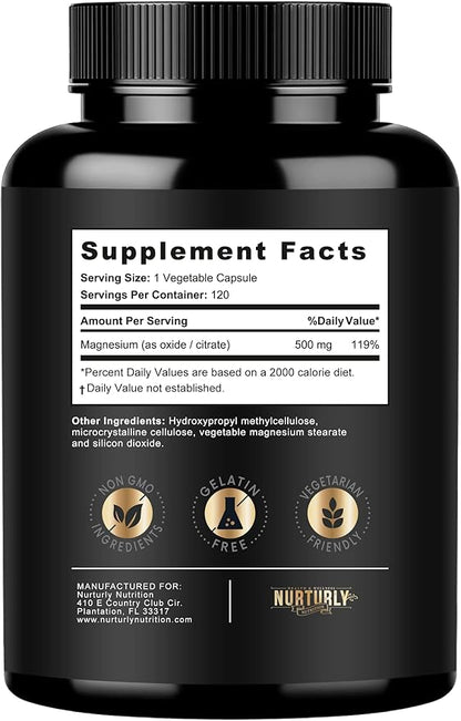 Magnesium Citrate & Oxide 500mg Complex Supplement - High Absorption Maximum Strength - Helps Support Bone Density and Strength, Muscles, Energy and Sleep - 360 Vegan Capsules