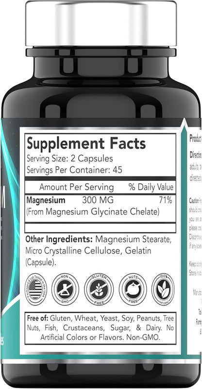 Magnesium Glycinate Capsules (300 MG Per Serving - 90 Count) | Pure Chelated Magnesium Bisglycinate Powder Supplement | Glicinato de Magnesio | for Sleep, Calm, Nerve, & Stress Support* | TNVitamins