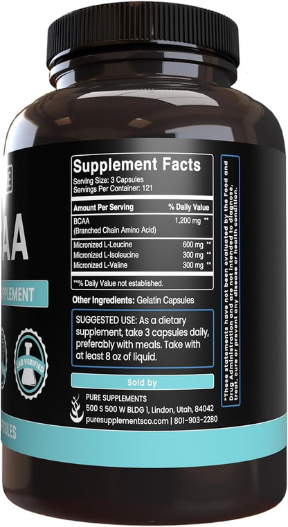 Pure Original Ingredients BCAA No Magnesium Or Rice Fillers, Always Pure, Lab Verified (365 Capsules)