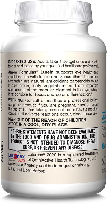 Jarrow Formulas Lutein 20 mg With Zeaxanthin, Dietary Supplement for Visual Function and Macular Health Support, 60 Softgels, 60 Day Supply