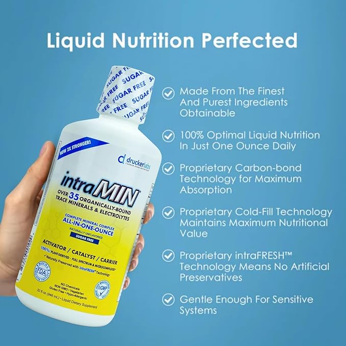 Drucker Labs - intraMIN Organic Liquid Minerals Supplement for Men, Women, Kids, Immune and Muscle Support, Non GMO, Gluten Free, Vegan, Electrolytes, Sugar Free (32 oz.,Unflavored)
